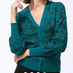 Chicos Womens XL Teal Floral Jacquard Button Up Cardigan Sweater